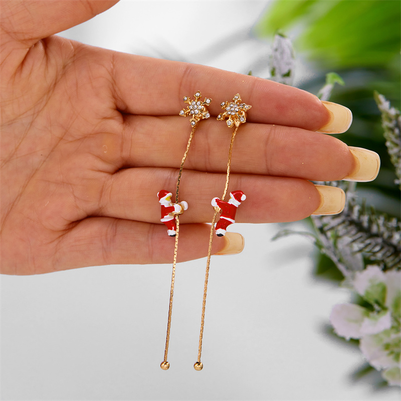 Moving Santa Claus Tassel Dangle Earrings for Women, Christmas Tree Snowflake, Asymmetric Long Earring, New Year Jewelry