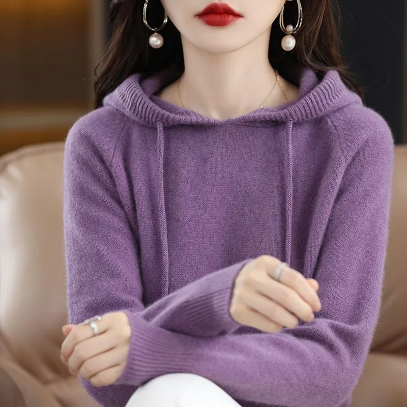 Casual Womens Knitted Hoodie Sweater Loose Drawstring Pullover Hoodie