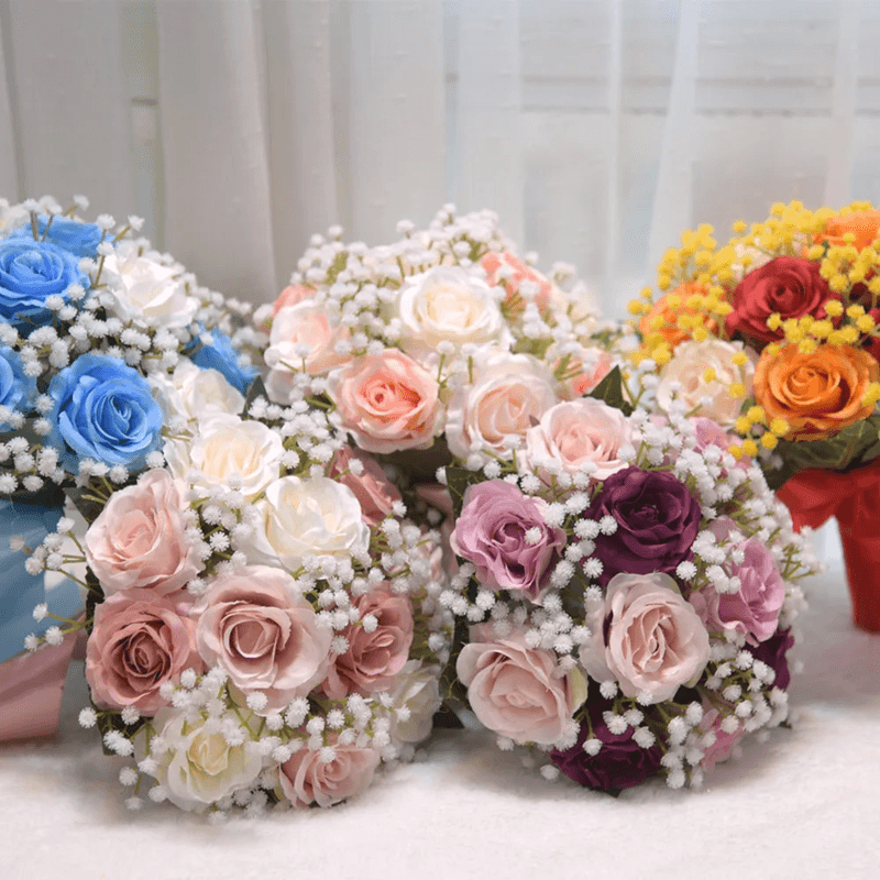 Romantic Silk Peony Rose Wedding Bouquet for Bride and Bridesmaids