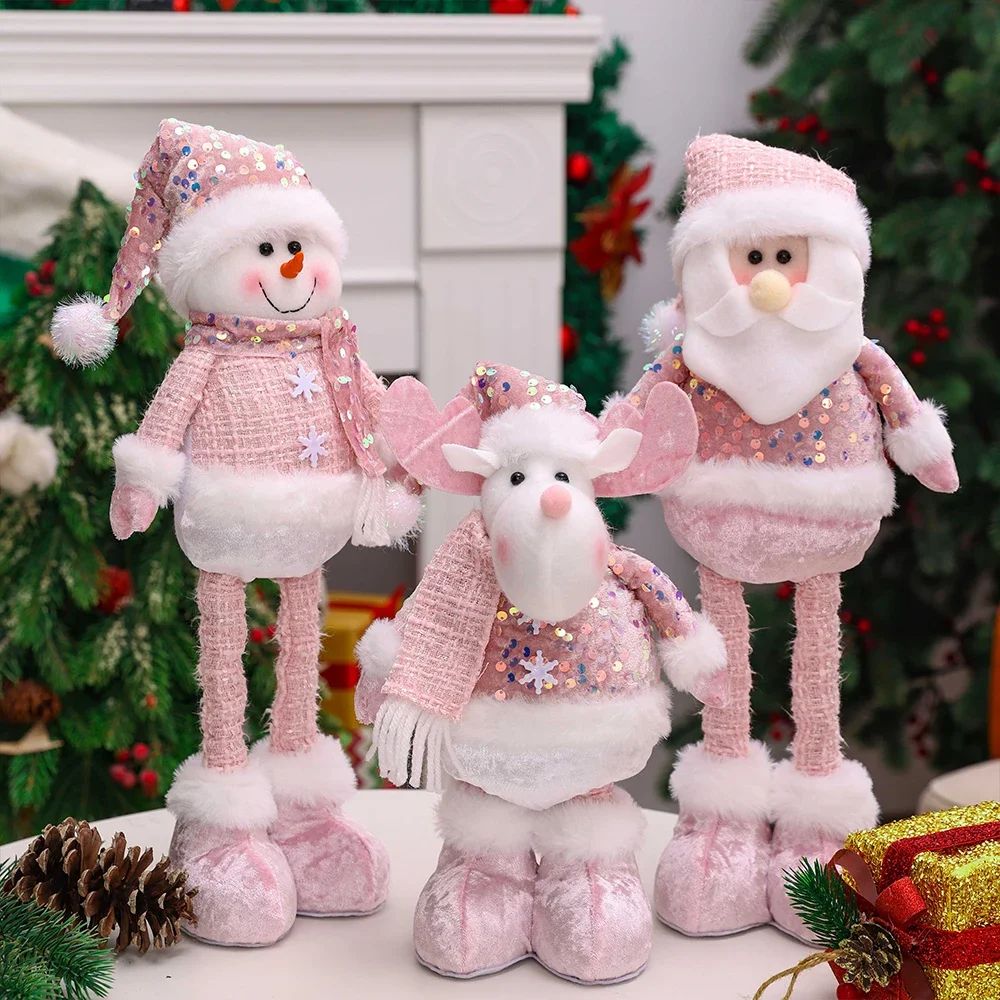 Pink Sequin Telescopic Christmas Doll – Santa/Snowman/Reindeer Plush Tabletop Decor