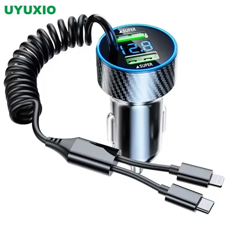 4-in-1 Retractable USB Car Charger Adapter – Super Fast Charge with LED Voltage Monitor for iPhone & Samsung
