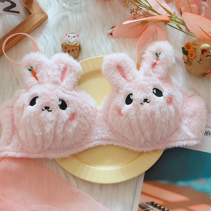 Cute Japanese Style Plush Winter Bra with Rabbit and Bear
