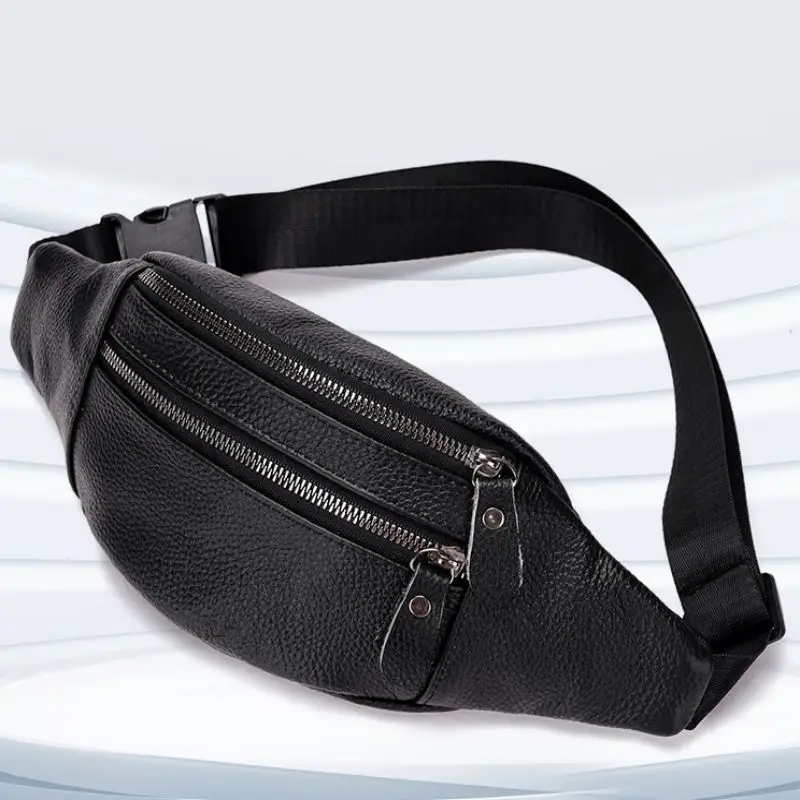 Mens Genuine Leather Crossbody Sling Bag Stylish Cowhide Chest Bag with Double Zipper for Daily Commute & Travel