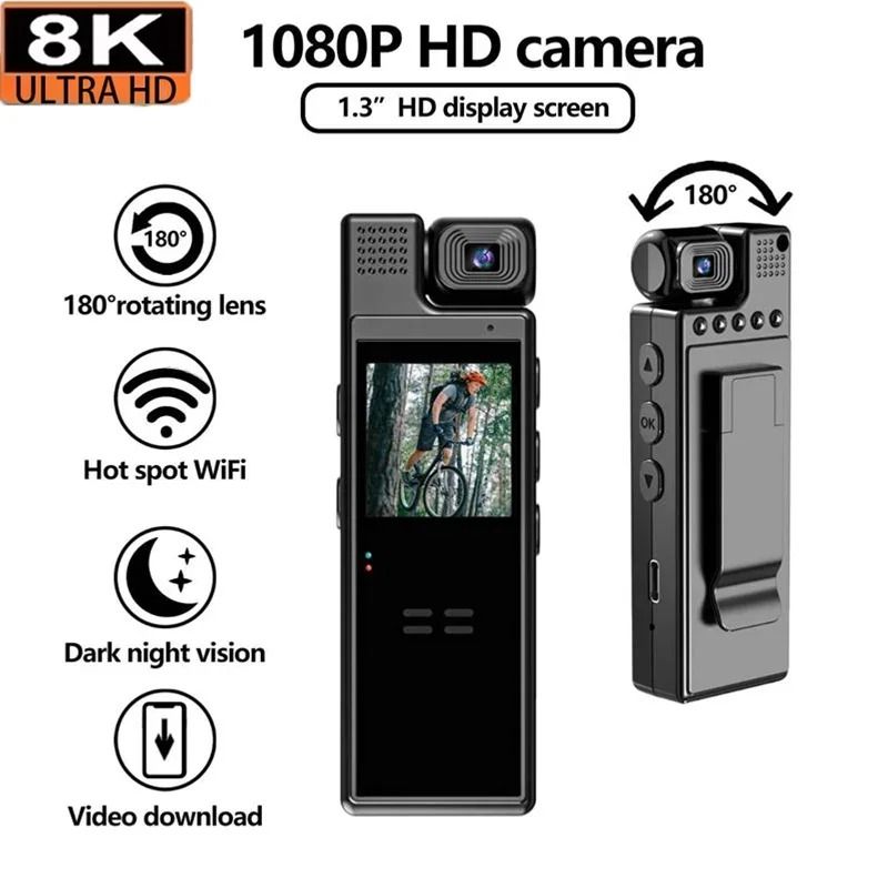 Mini 8K HD Clip on Action Camera with Night Vision and 180 Degree Rotatable Lens