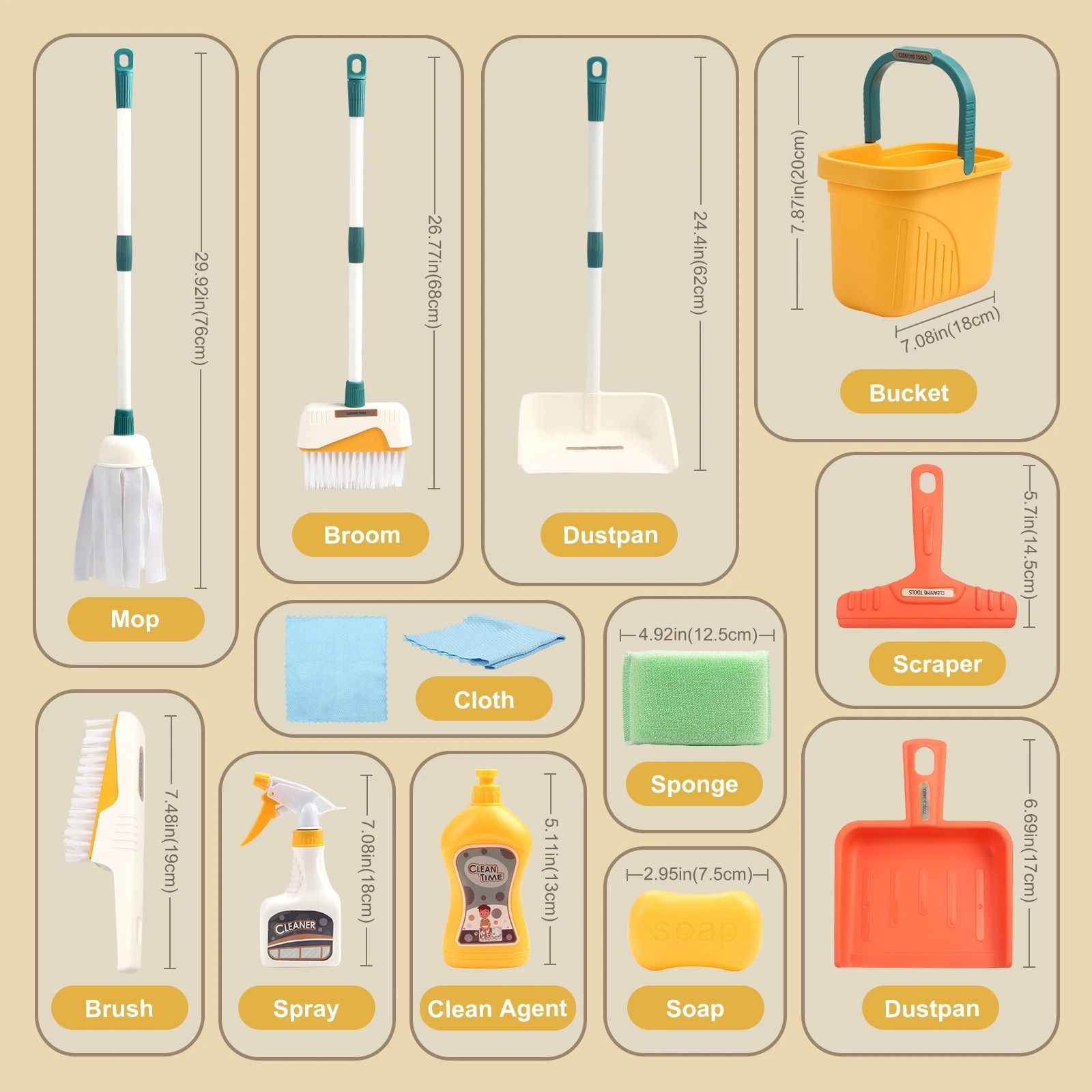Kids Cleaning Set Play House Toy Pretend Cleaning Kit with Broom Mop and Bucket