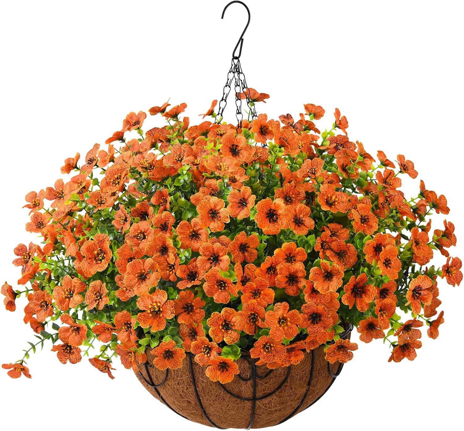 Realistic UV Resistant Faux Hanging Basket with Orange Silk Daisy for Fall Outdoor Porch & Patio Decoration