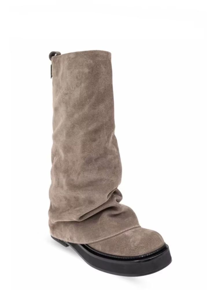 Women's Autumn Winter Calf Boots – Pleated Leather Mid-Leg Design with Thick High Heels