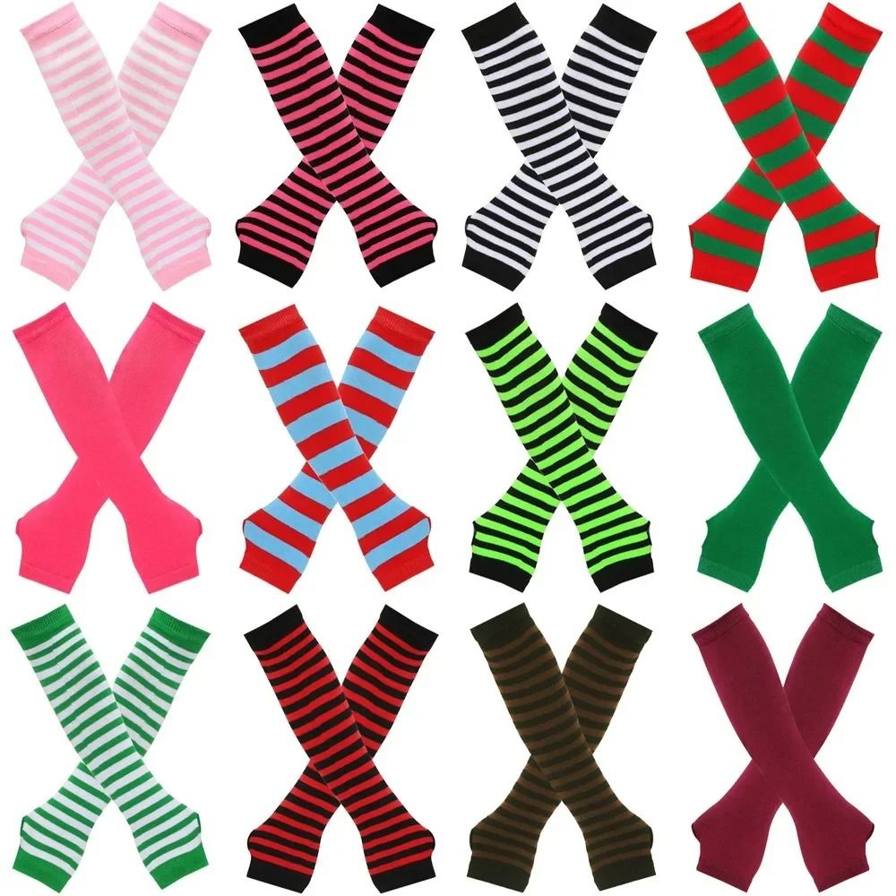 Warmer Knitted Long Fingerless Gloves Lady Striped Elbow Mittens