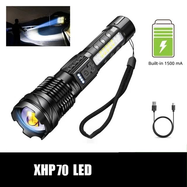 XHP50 LED Flashlight USB Rechargeable Waterproof Zoom Torch with Side Light