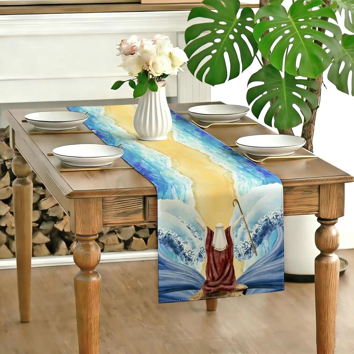 Passover Sacred Linen Table Runner | Red Sea Exodus Festival Decor | Professional Pesach Dining & Celebration Ornament