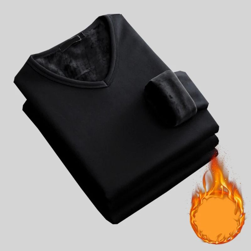 Mens V Neck Thermal Shirt Fleece Lined Winter Base Layer Top