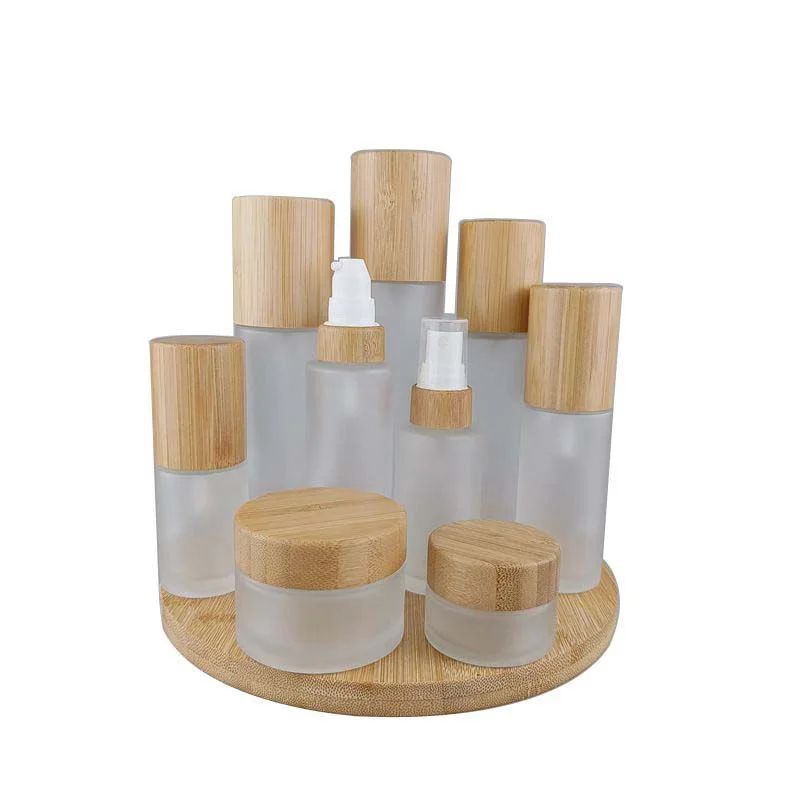 Frosted Glass Spray Bottle with Bamboo Lid – Refillable Fine Mist Lotion & Toner Dispenser