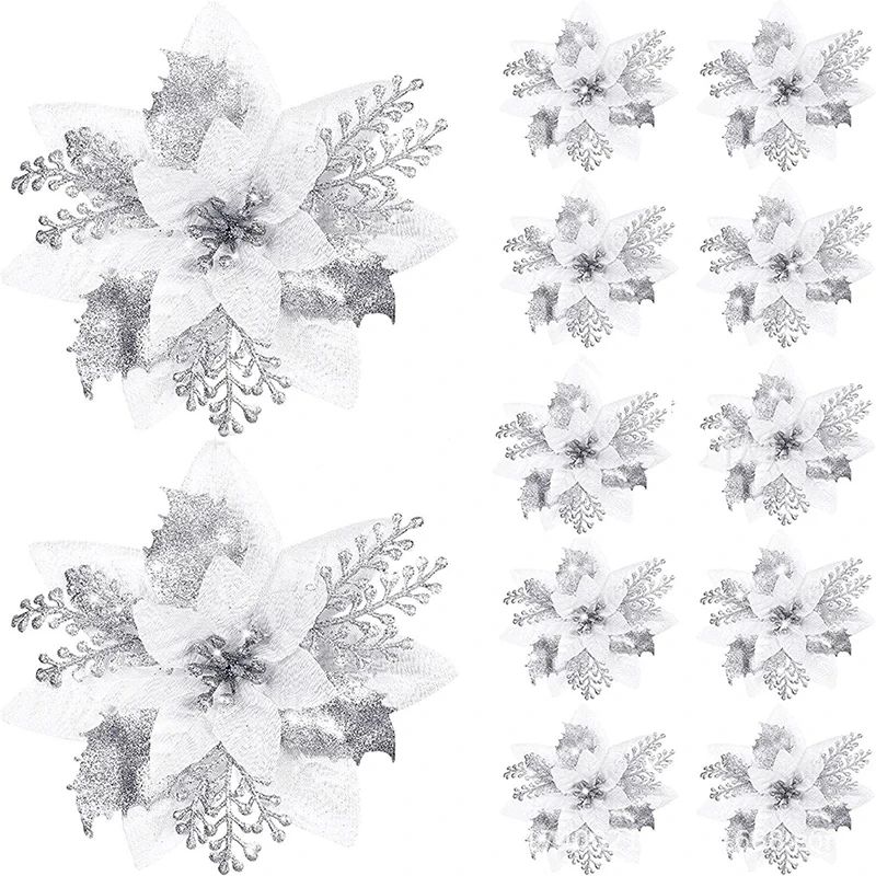 Glitter Pink Poinsettia Christmas Tree Flowers Set 5pcs