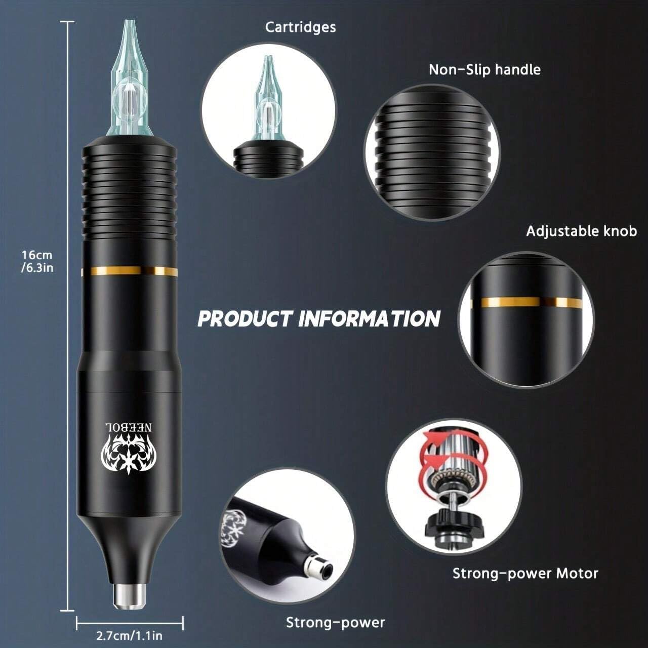 Neebol Wireless Tattoo Kit – Complete Cordless Tattoo Pen with LED Display & 1500mAh Battery for Beginners & Body Art