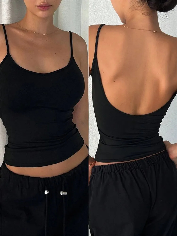Women Backless Cami Crop Top, Summer Solid Color Sleeveless Top, Casual Streetwear Fashion