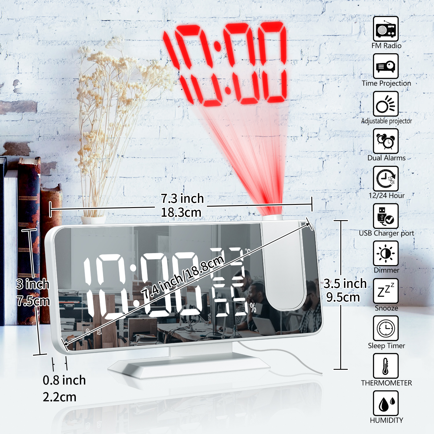 Electronic Desktop LED Alarm Clock with USB Wake Up, FM Radio, Time Projector, Snooze, and Dual Alarms for Table Use