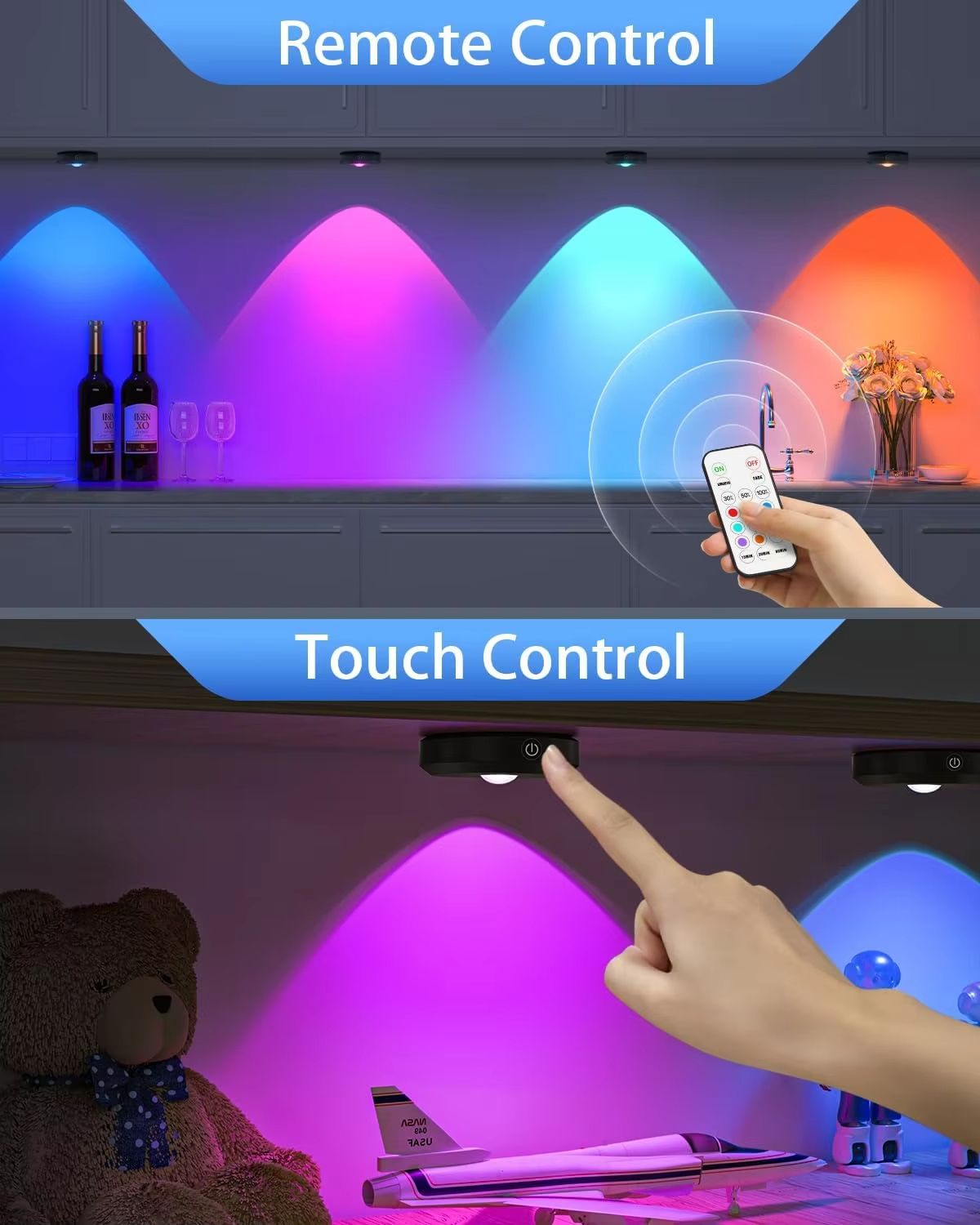 WILLED Rechargeable RGB Puck Light - 1200mAh Battery with Remote and Touch Control