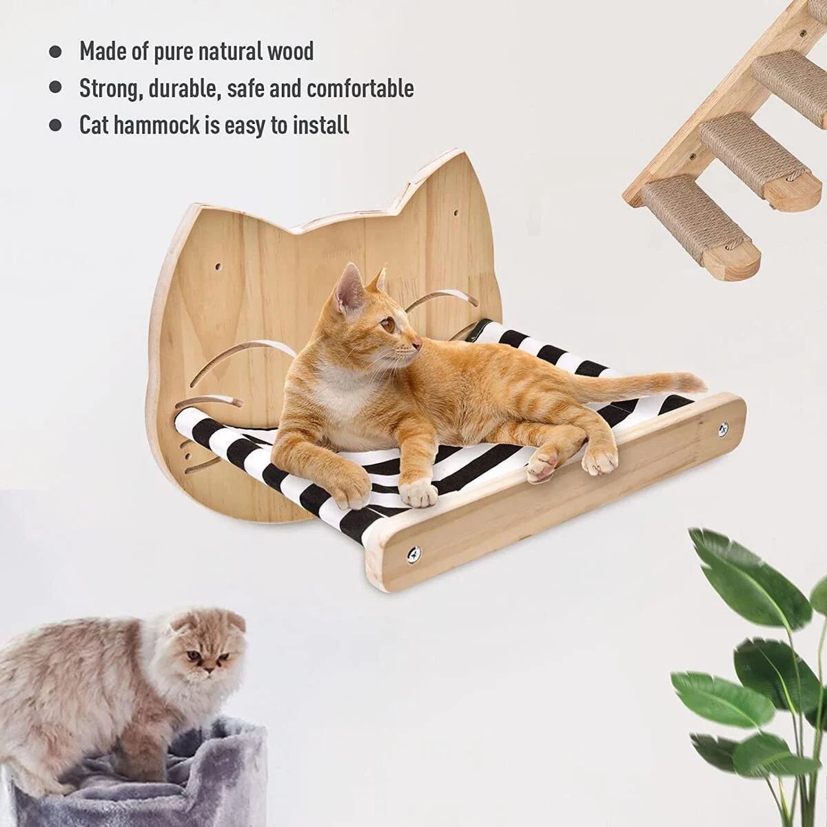 Wall Mounted Wooden Cat Climbing Hammock Set
