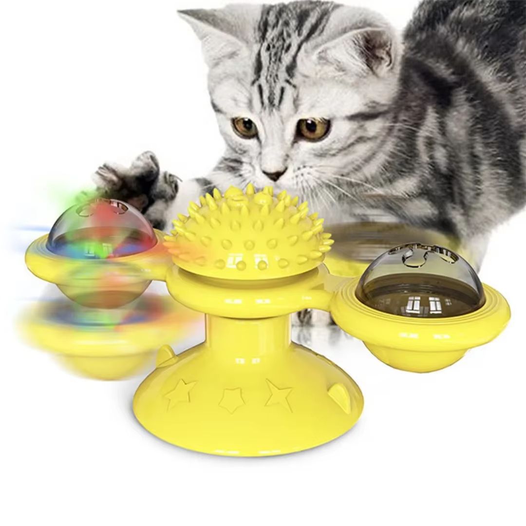Windmill Interactive Cat Toy with Suction Cup, Catnip Ball Toy & Tooth-Cleaning Brush