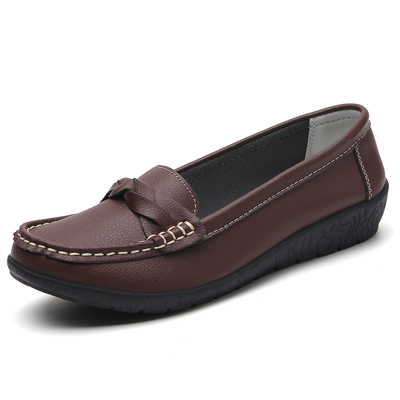 Women Leather Moccasins Shoes, Round Toe Flats, Slip On Black Casual Shoes