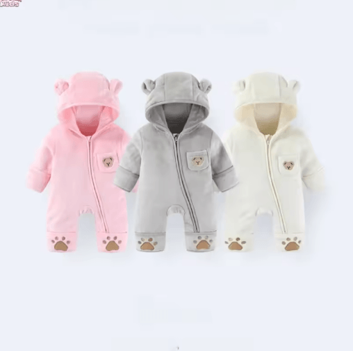Bear Ear Hooded Baby Winter Romper – Fleece Warm Onesie for Newborns