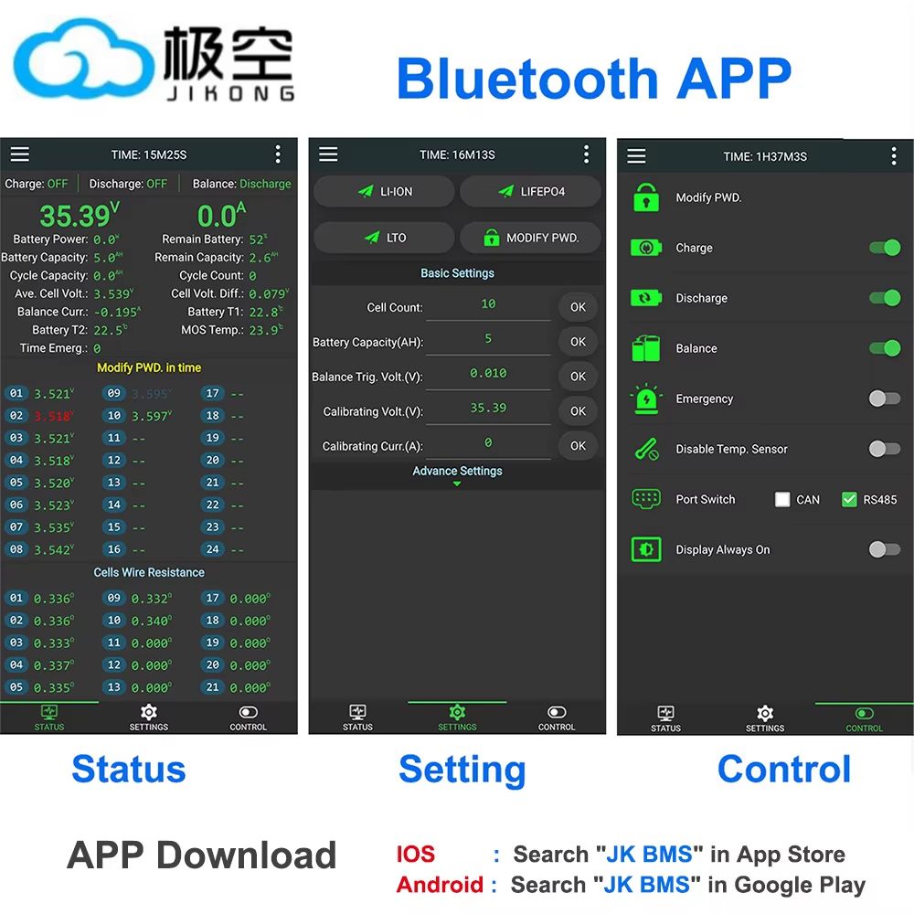 JK-BMS Smart Bluetooth Active Balance Battery Management System – Li-ion, LiFePO4, LTO Battery Protection 12V–48V 200A–3