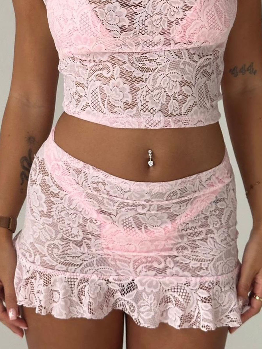 See Through Mini Skirts Low Waist, Women's Bikini Cover-up Skirts Lace, Ruffle Casual Beach Skirts Summer