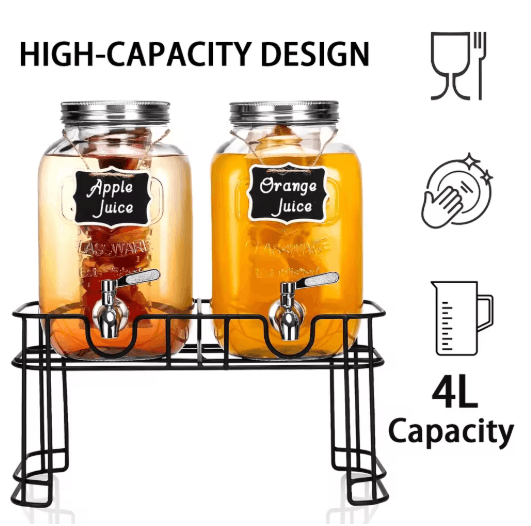Elegant Glass Drink Dispenser Set 1 Gallon Beverage Dispenser with Stand & Steel Faucet 2 Pack
