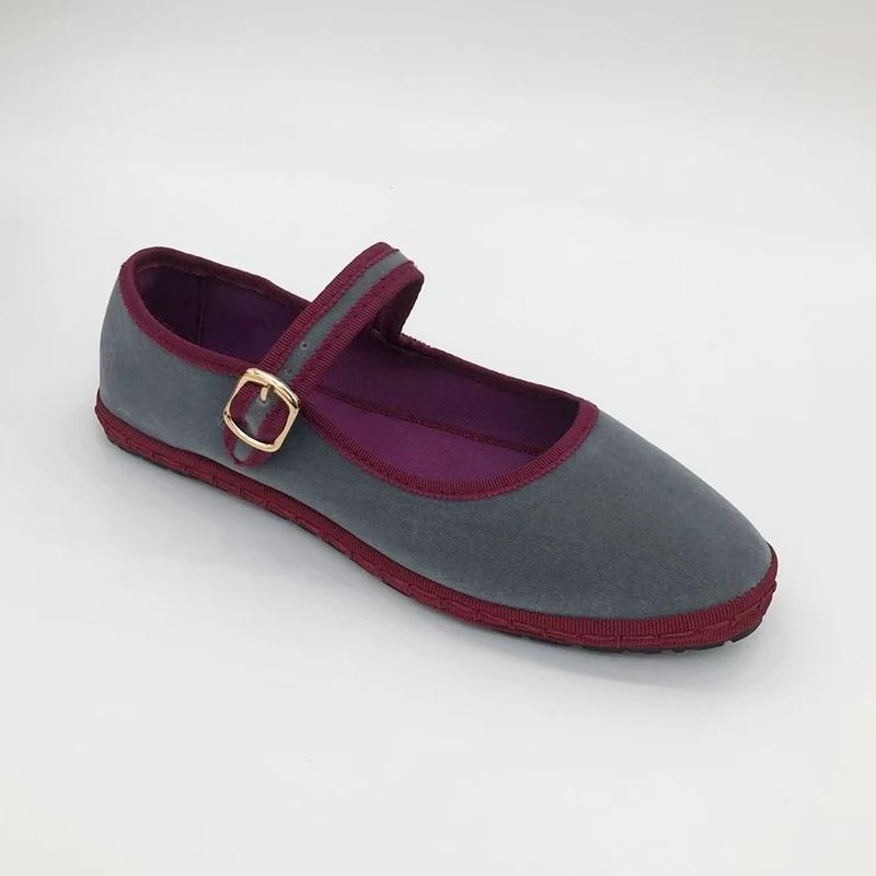 Gray Mary Jane Flats Women Round Toe Velvet Ballet Loafers Soft Comfortable