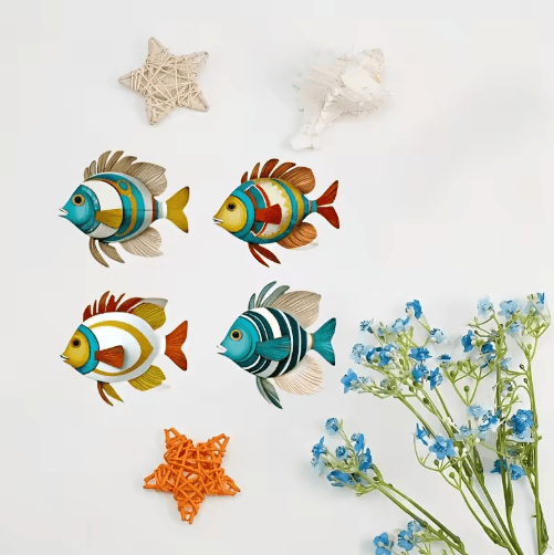 OceanCharm Tropical Fish Wooden Wall Art Set – Rustic Nautical Coastal Decor