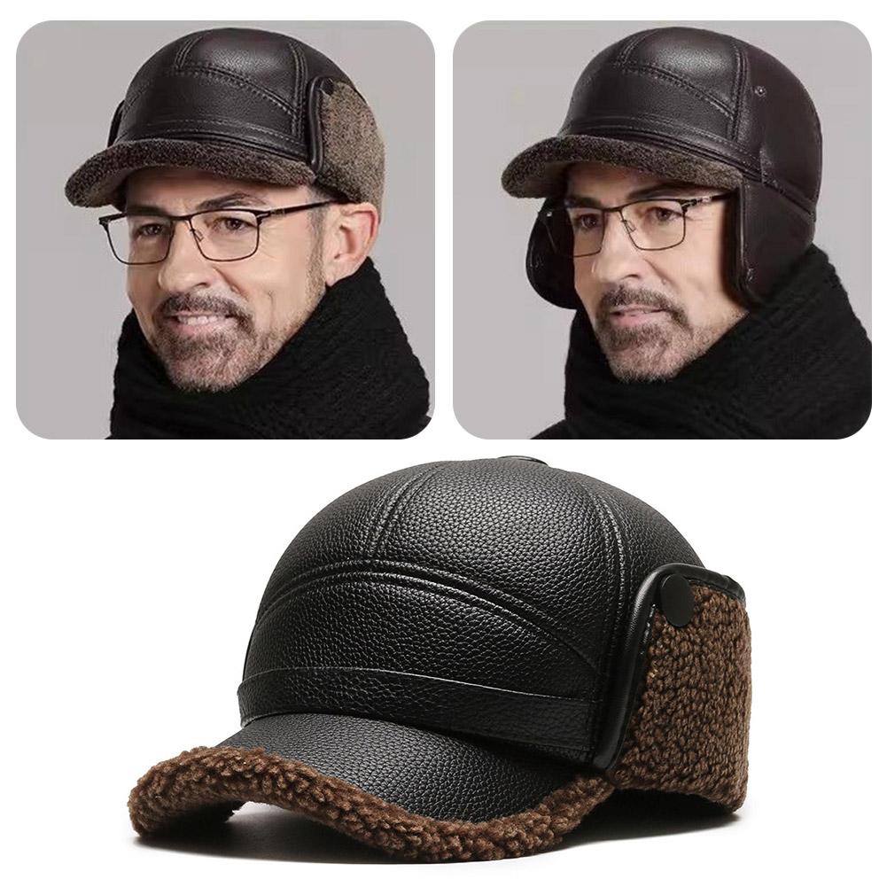 Winter Baseball Cap Men PU Leather Bomber Caps, Warm Thicker Dad Hat With Earflaps, Windproof Tongue Hat