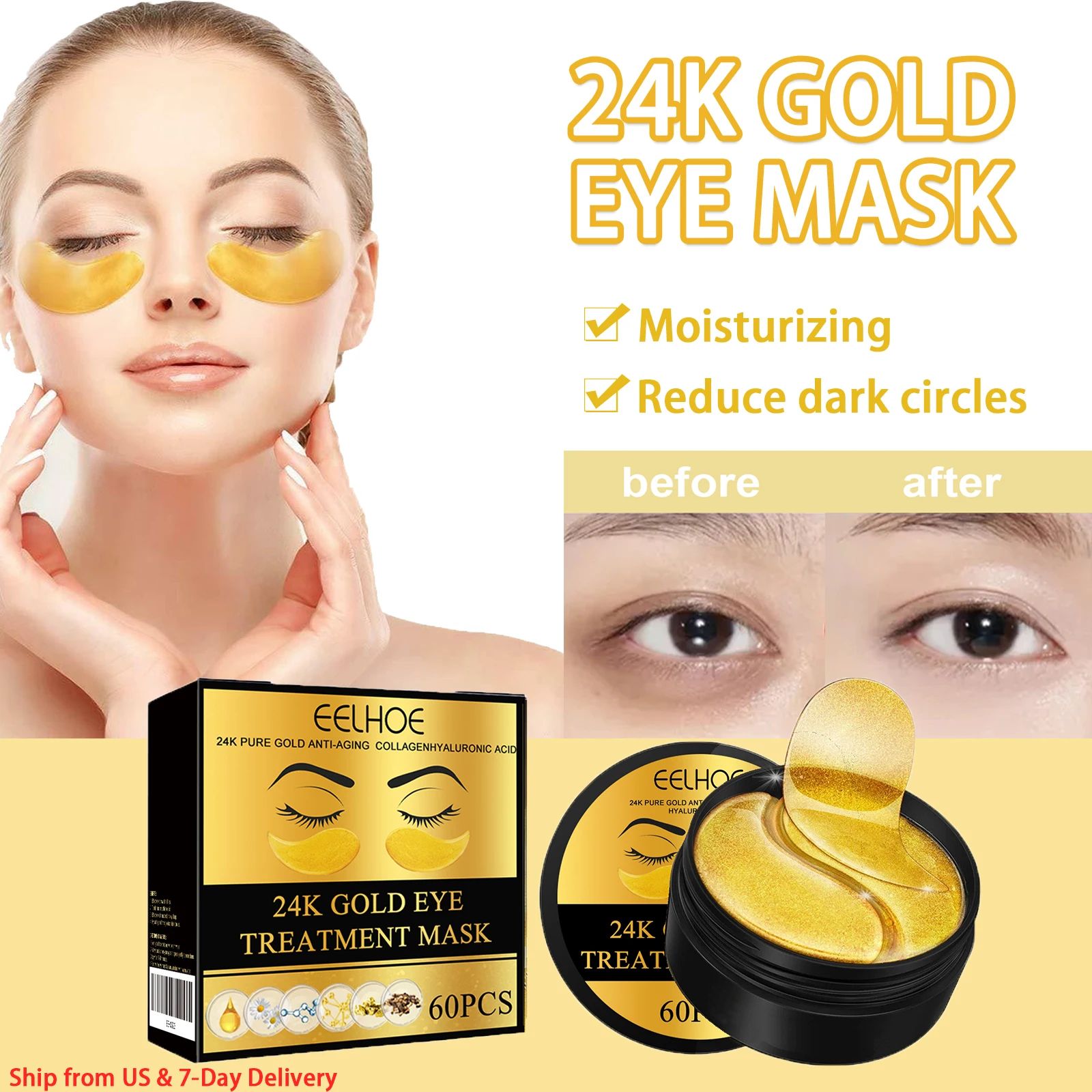 24K Gold Eye Radiance Hydrating Firming Eye Patches – 60pcs Anti-Dark Circles Under Eye Skincare Treatment