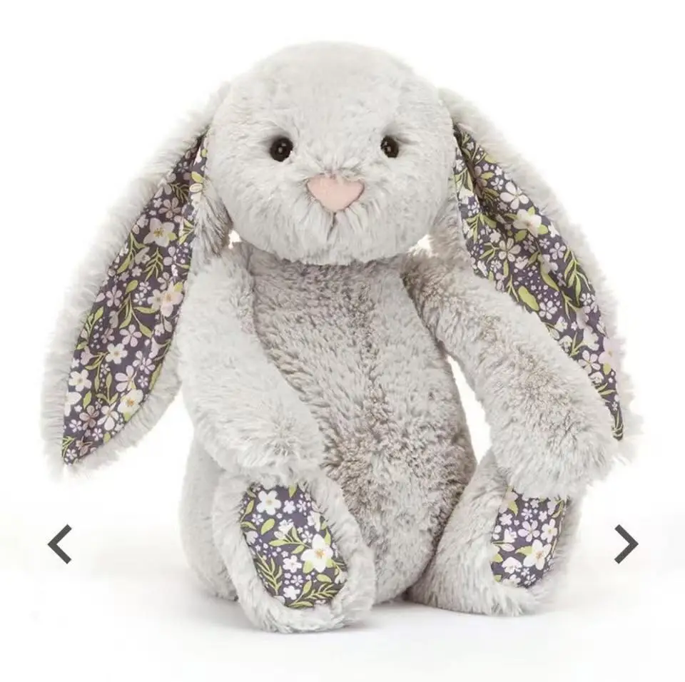 NEW Easter Rabbit Grey Plush Doll with Pink Strawberry Flower Ears Gift