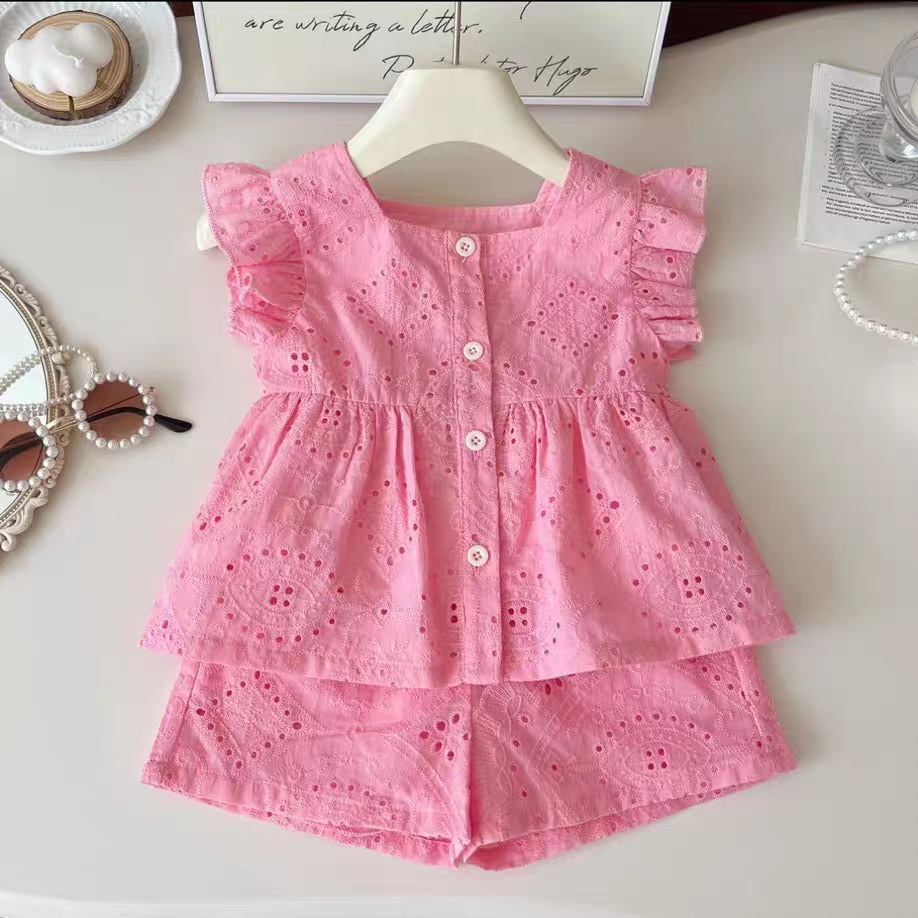 New Korean Style Girls Summer Pink Cotton Suit, Baby Hollow Small Flying Sleeve Top Shorts Two-Piece Set