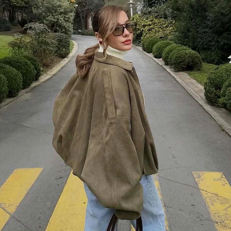 HXAO Cropped Suede Bomber Jacket Women Lapel Zipper Racing Coat