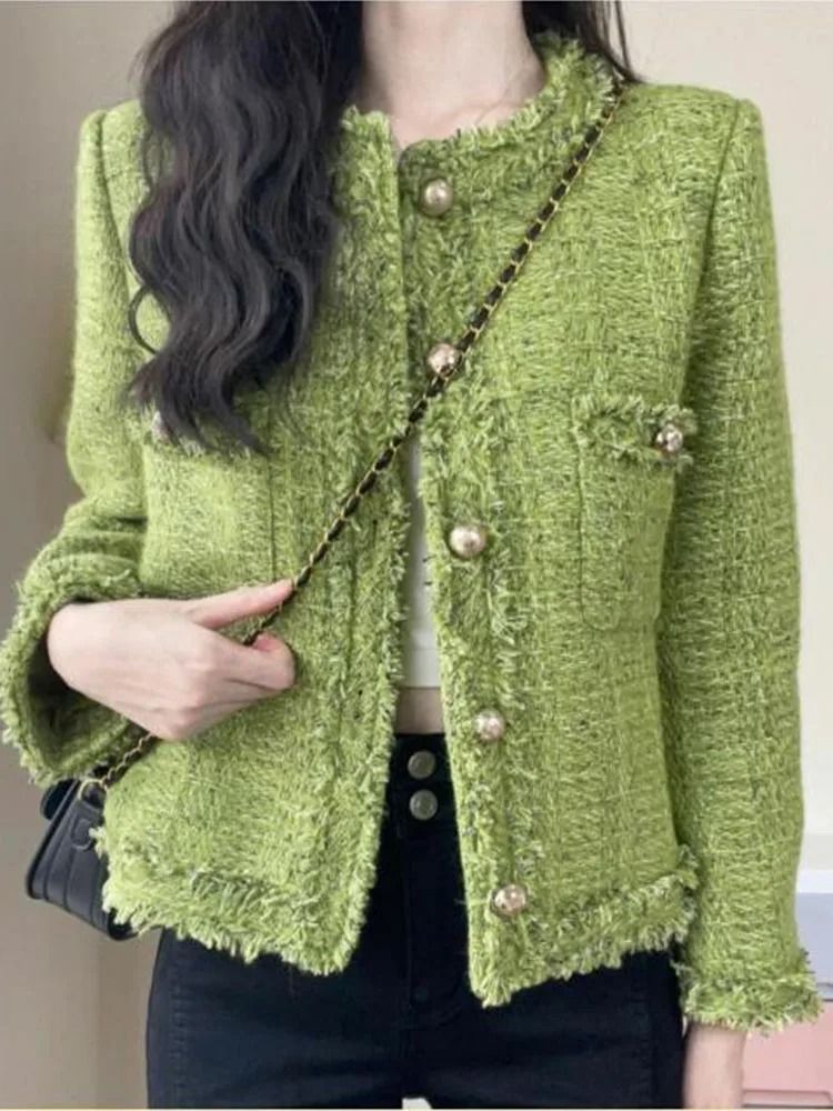 Korean Vintage Green Short Tweed Coat