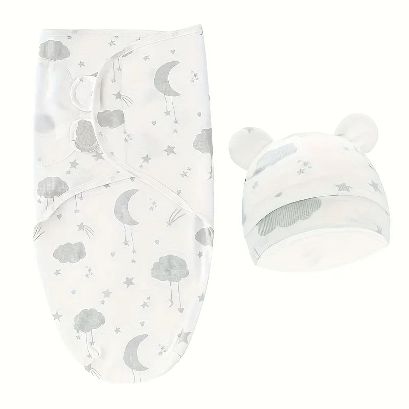 1pc Baby Swaddle Set with Hat - Ultra-Soft Gray Star, Cloud & Moon Patterns