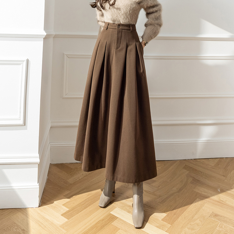 Vintage Winter Woolen Long Skirts for Women, High Waist Pleated Maxi A-Line Skirt, Big Swing Folds Streetwear
