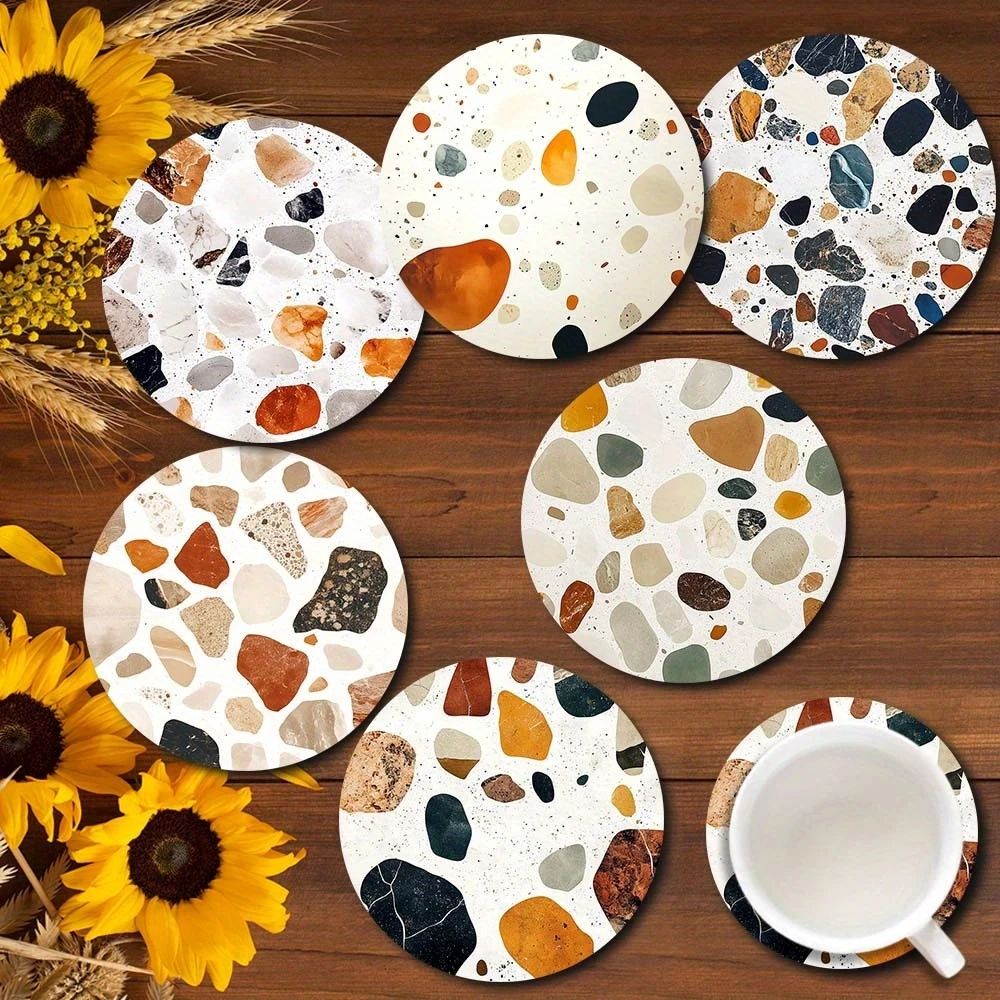 Wooden Stone Pattern Coaster Set Heat Resistant Table Protection Decor