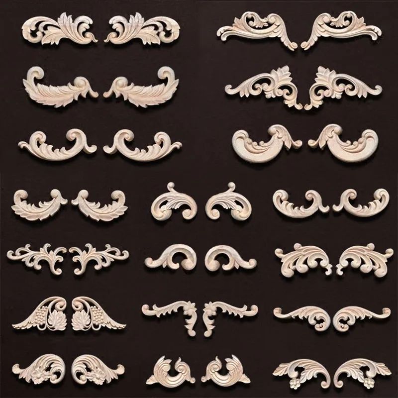 Wood Carved Corner Appliques Decorative Furniture Trim Floral Wood Onlays Set