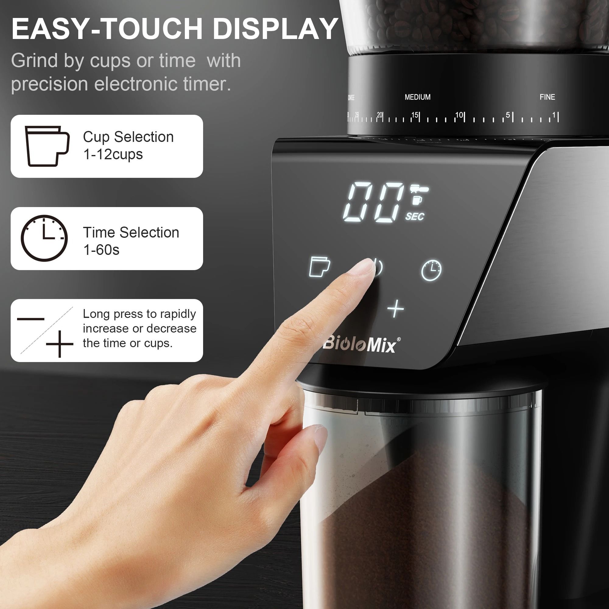 BioloMix Electric Burr Coffee Grinder with 30 Grinding Settings and Visual Bean Storage