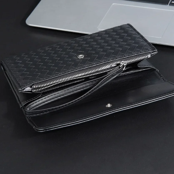 Premium Men's Leather Wallet European American Woven Pattern Multi Card Zipper Clutch