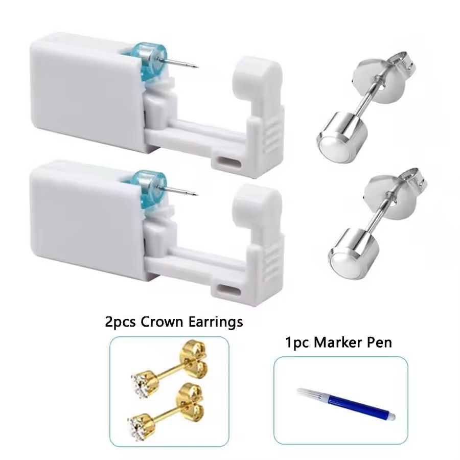2PCS Disposable Ear Piercing Kit – Built-in Stud Guns + Bonus Cubic Zirconia Earrings | Safe & Easy Home Use Tool