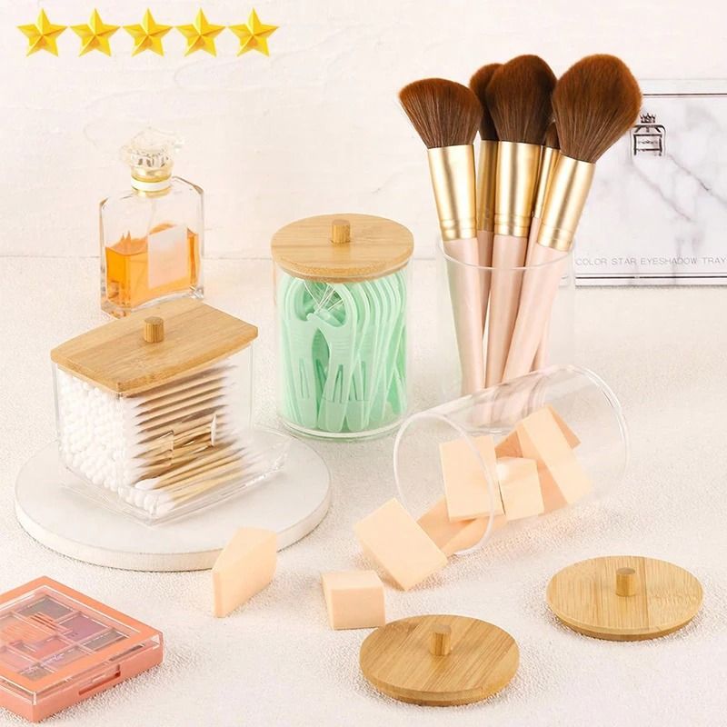 7 Oz Cotton Swab and Pad Holder with Wood Lid