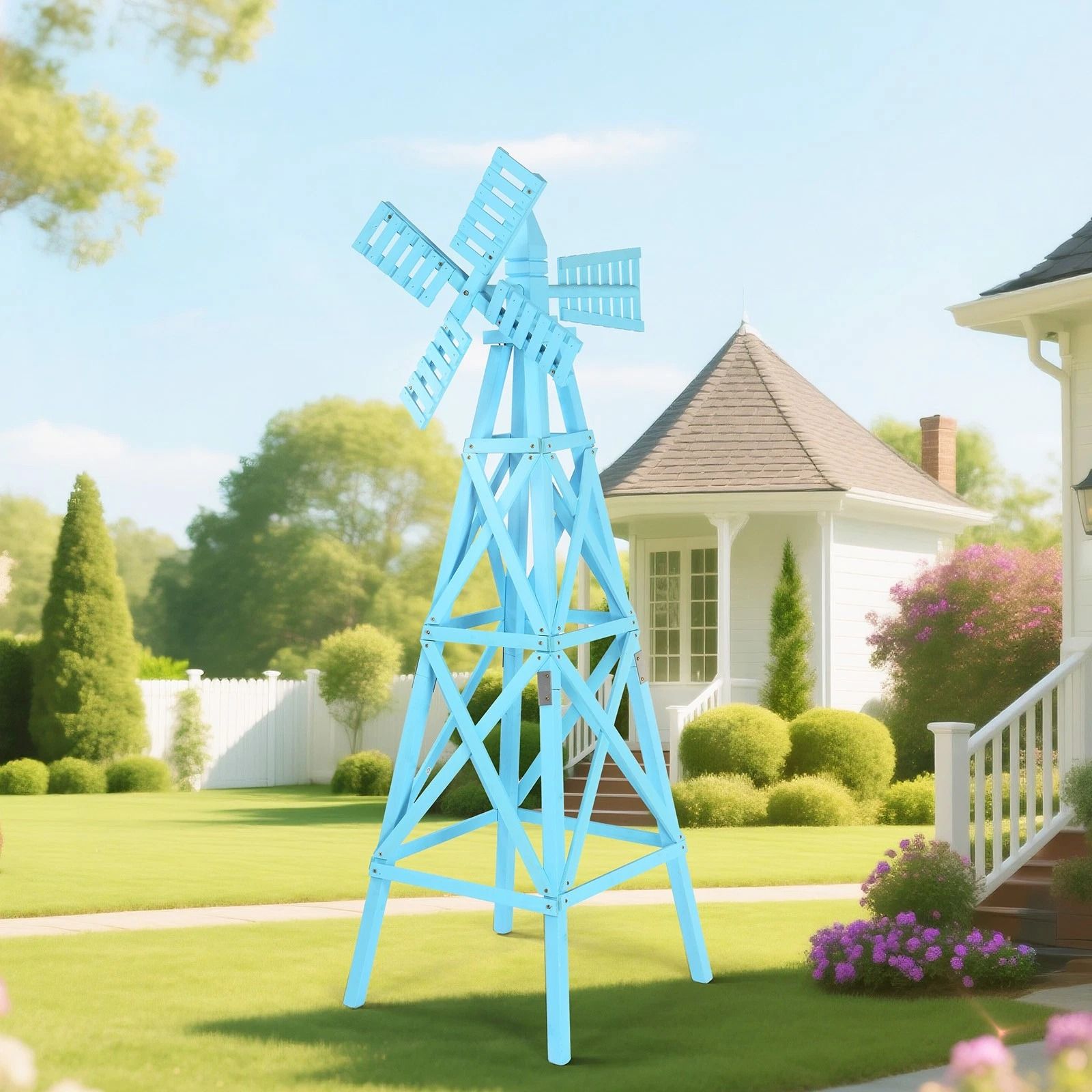 Garden 2-Layer Cross-Jointed Wooden Windmill Weathervane with Head, Backyard Decor