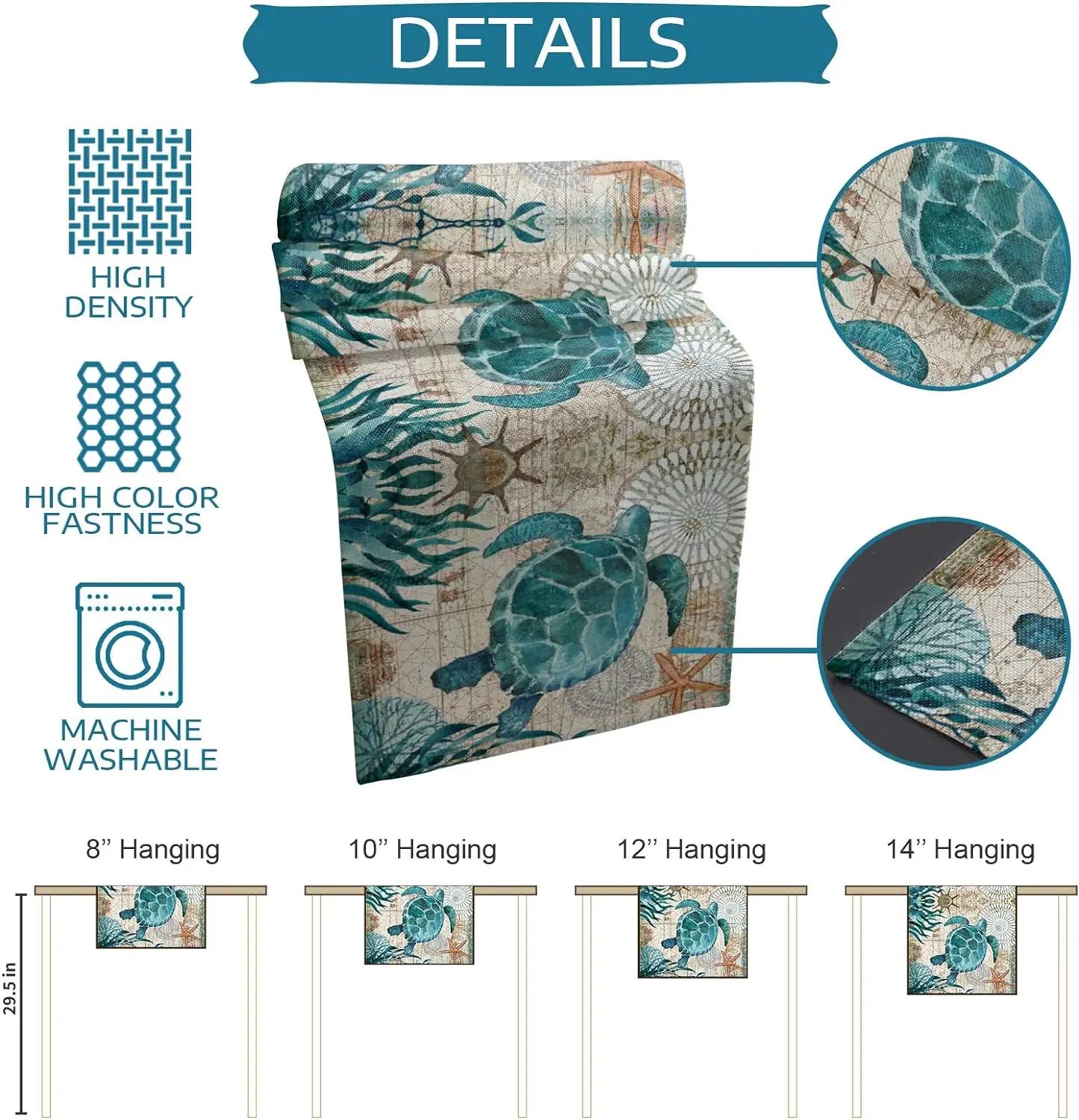 Coastal Sea Turtle Starfish Linen Table Runner Beach Dining Decor