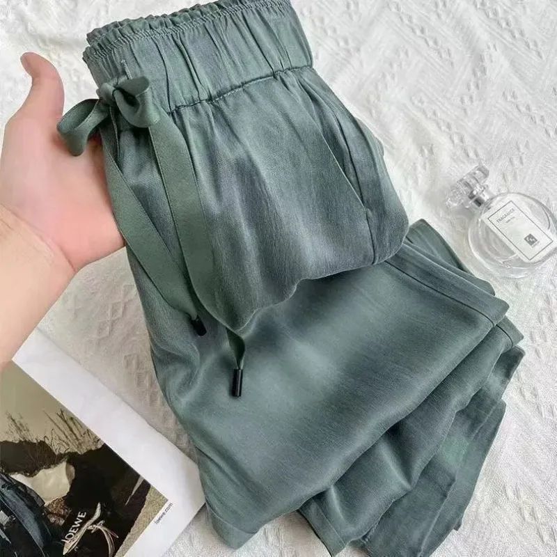 Acetic Acid Ice Silk Wide Leg Pants, New Summer Thin Satin Casual Trousers for Women, High Waisted, Straight Leg,