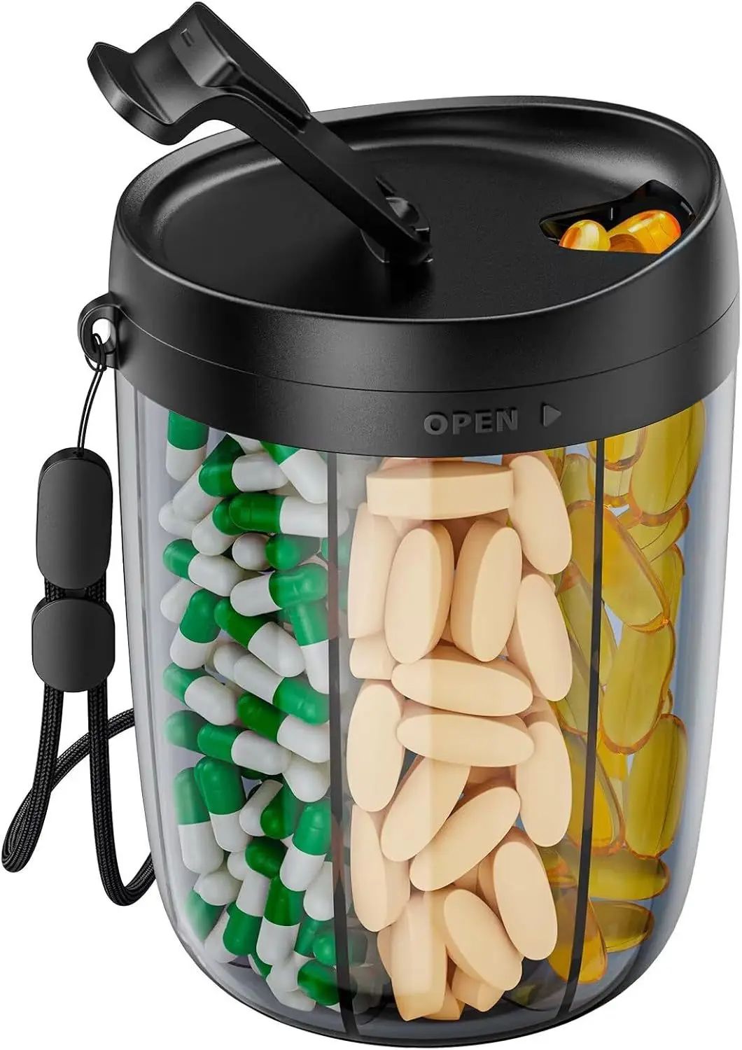 6-Grid Travel Pill Organizer Bottle – Portable Vitamin Organizer with Built-In Cup