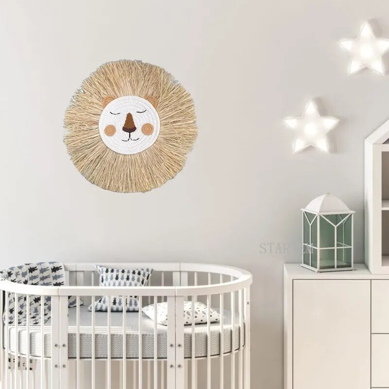Nordic Handmade Lion Wall Decor: Cotton Thread Straw Woven Animal Head Ornament for Nursery & Baby Room