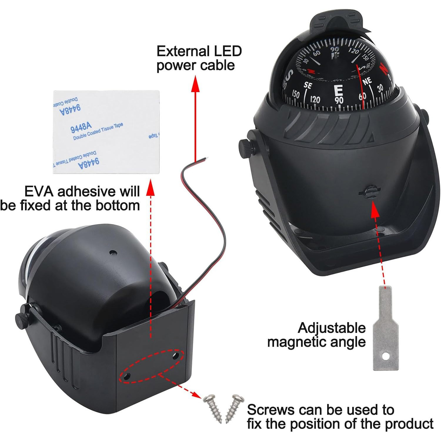 Flush Mount Boat Compass with Illuminated Marine Dashboard Navigation System